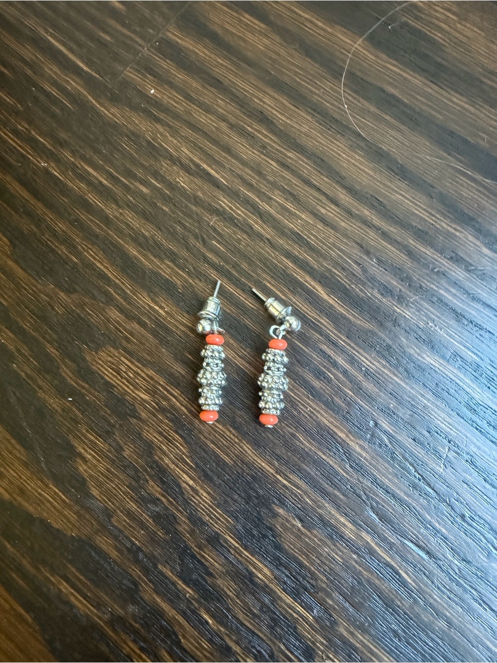 Silver-tone and Coral Bead Drop Earrings